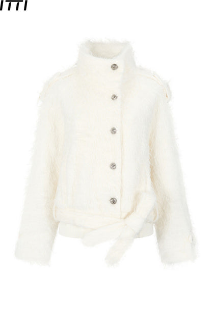 Faux Fur Diagonal Placket Tie Waist Jacket