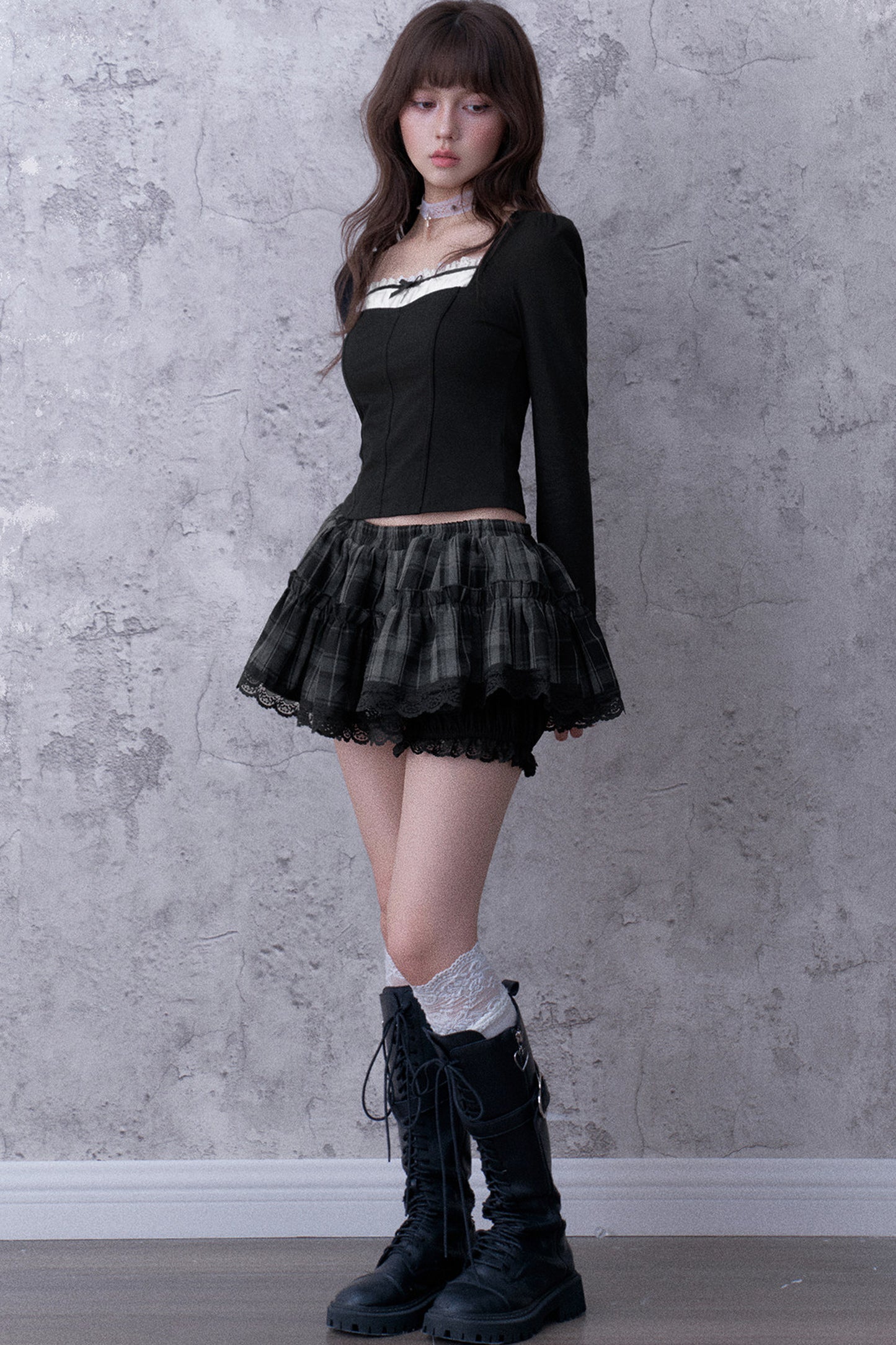 Three-Layer Gray Black Plaid Puffy Skirt