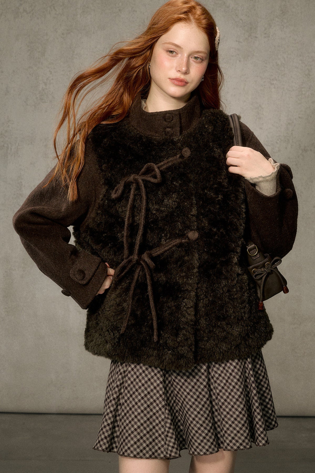 Fluffy Layered-Look Mid-Length Woolen Jacket