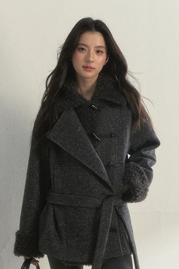 50% Wool Lapel Plush Patchwork Jacket
