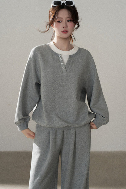 Hooded Shawl Sweatshirt and Wide-Leg Pants Set-Up