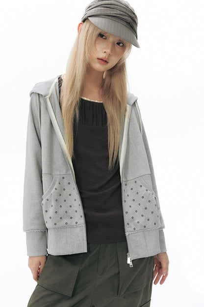 Distressed Floral Print Hooded Open Front Jacket