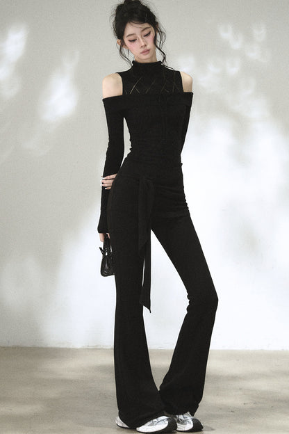 Fold-Over Waist Lace Tie-Up Flared Pants