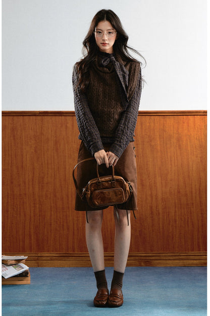 Retro Plaid Ribbon Top and Suede Skirt Set-Up