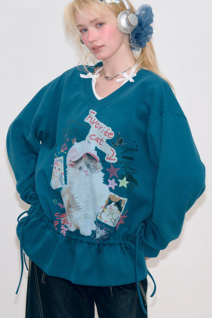 Cat Print V-Neck Drawstring Hem Sweatshirt
