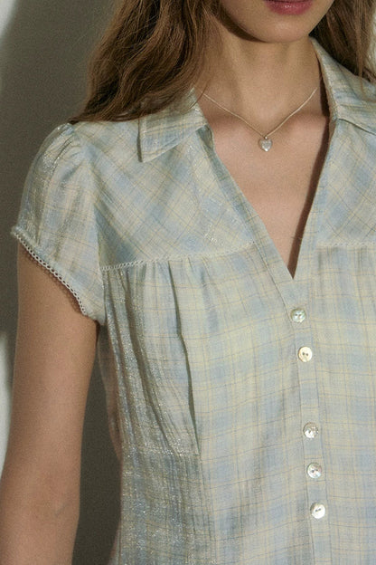 Vintage Plaid Puff Sleeve Blouse