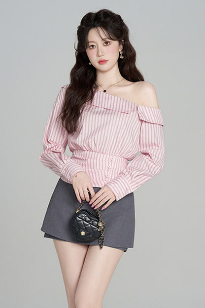 Pink Striped Off-Shoulder Long-Sleeve Shirt and Skirt Set-Up