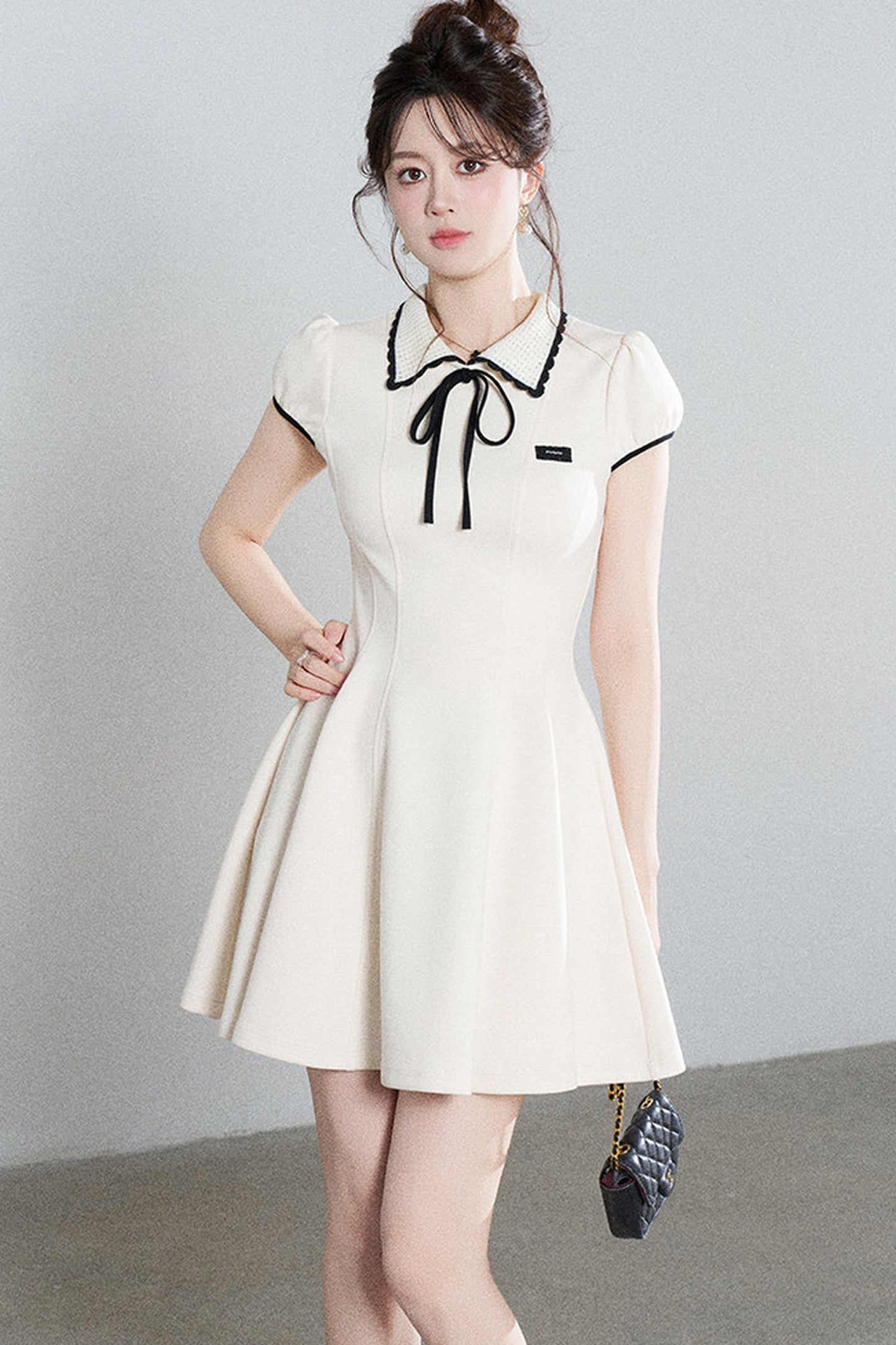 French Style Puff Sleeve Cinched Waist Dress