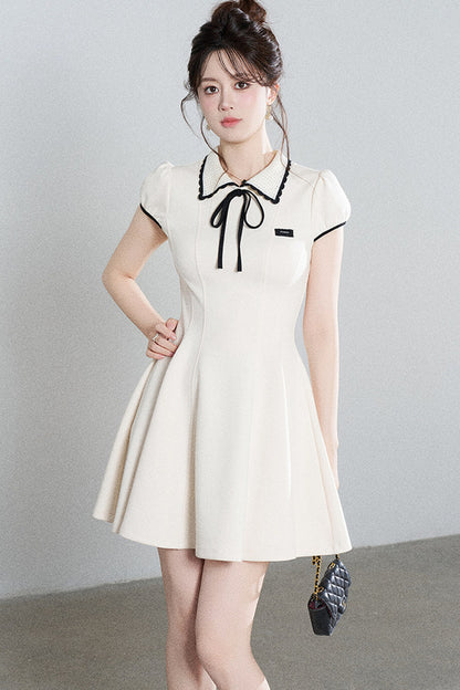 French Style Puff Sleeve Cinched Waist Dress