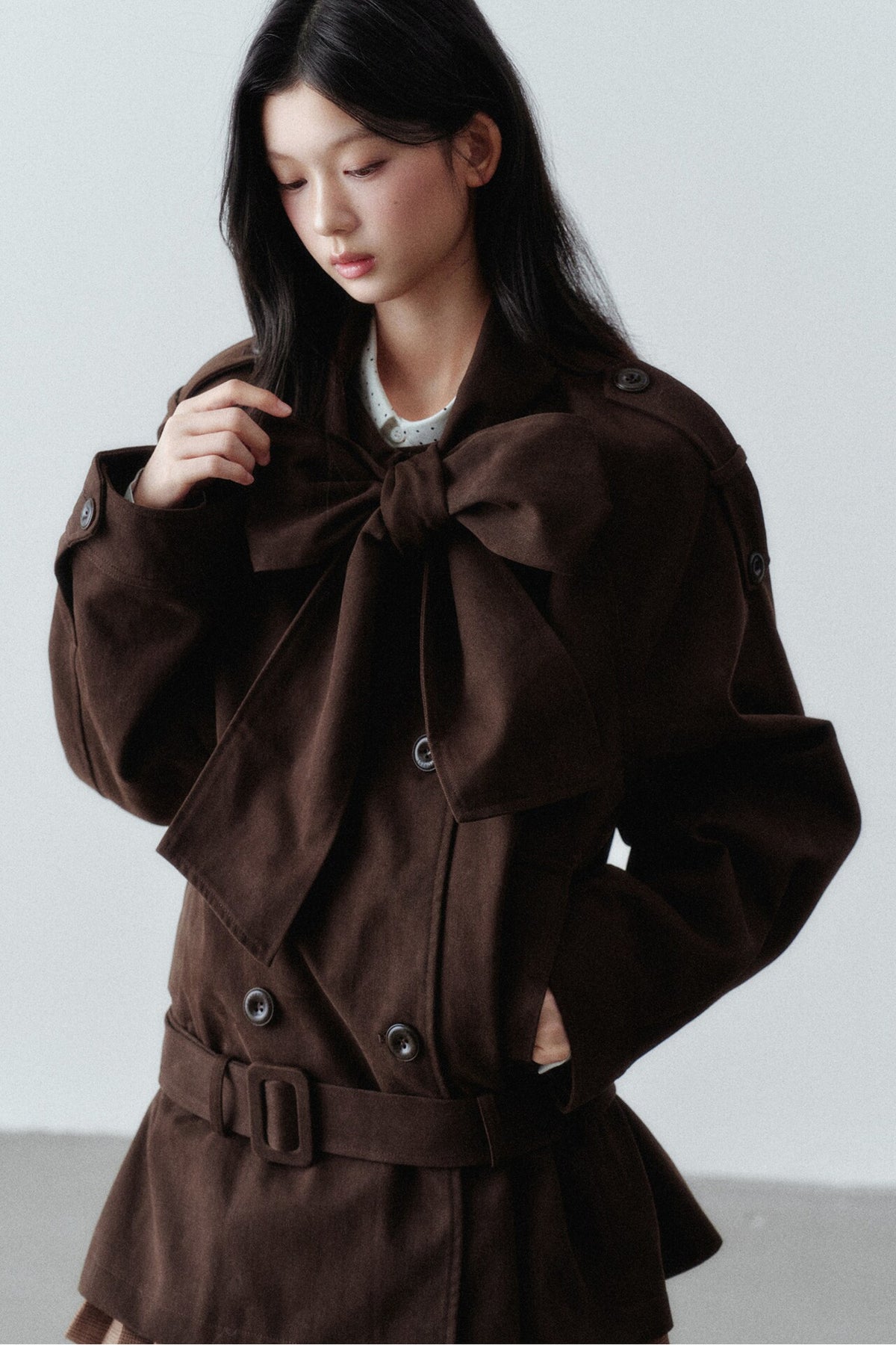 Bow Tie Low-Waist Cotton Trench Coat
