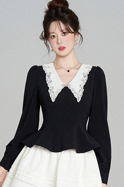 Peplum Waist Lace Collar Shirt