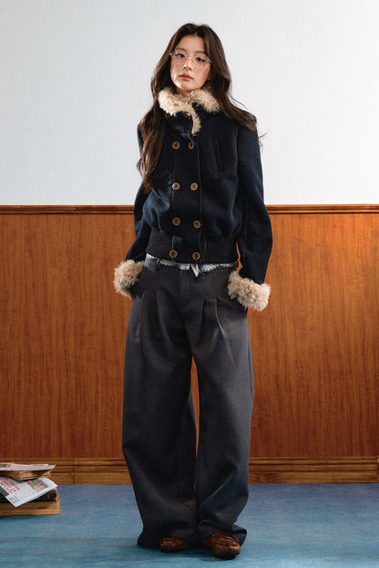 Double-Breasted Fur Trim Jacket