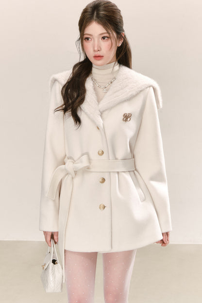White Navy Collar Woolen Coat