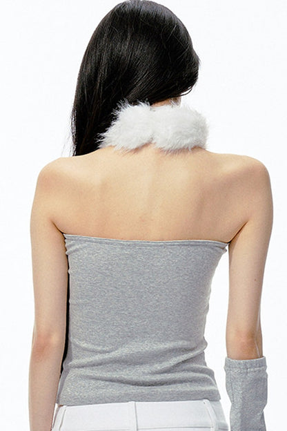 Top a fascia in maglia con collo in pelliccia staccabile