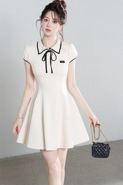 French Style Puff Sleeve Cinched Waist Dress