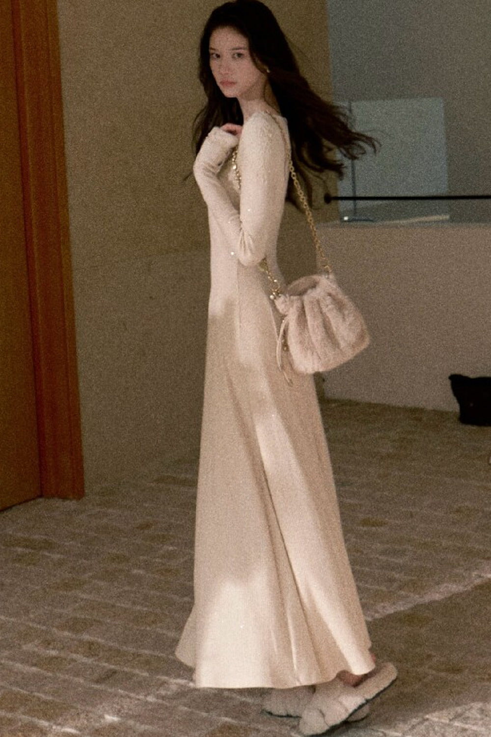 Spliced Lace Trim Long-Sleeve A-Line Dress