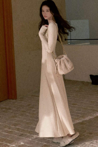 Spliced Lace Trim Long-Sleeve A-Line Dress