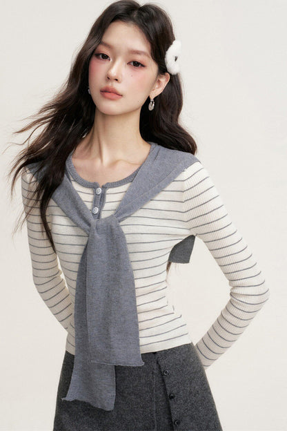 Striped Shawl Collar Long Sleeve Knit Sweater