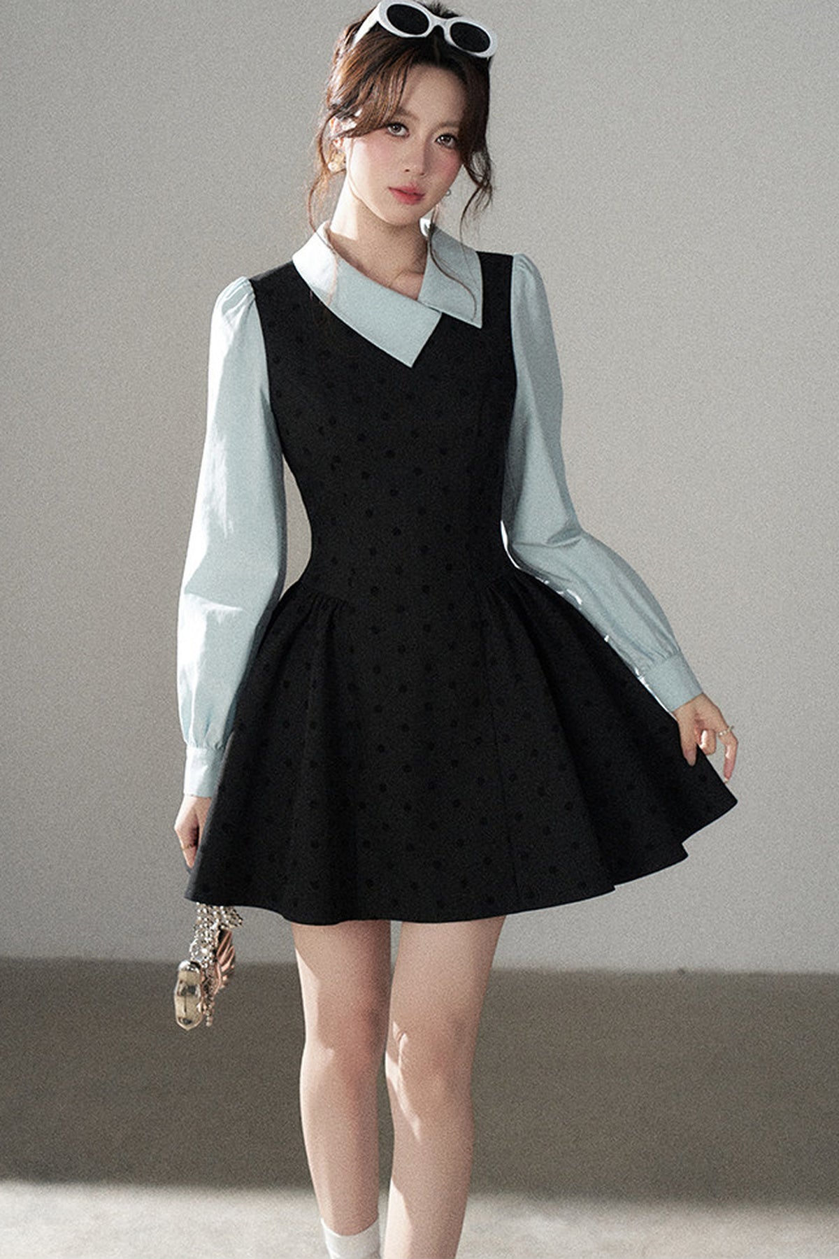 Black Polka Dot Asymmetrical Collar Dress