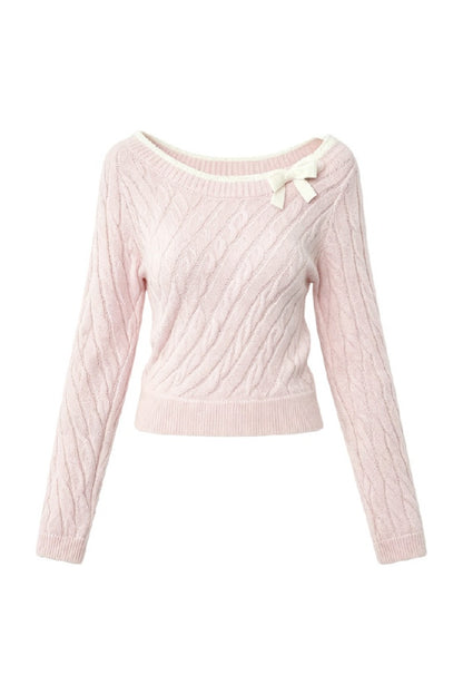 Pull en maille torsadée rose à nœud