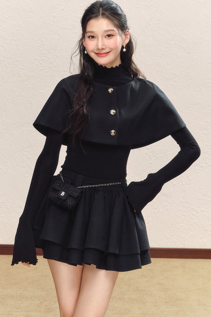 Black Long-Sleeve Base Shirt and Knitted Skirt Set-Up