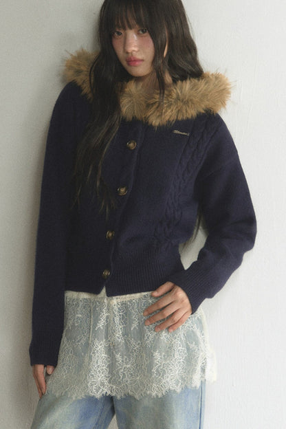 Fur Collar Hooded Cable Knit Cardigan Set-Up