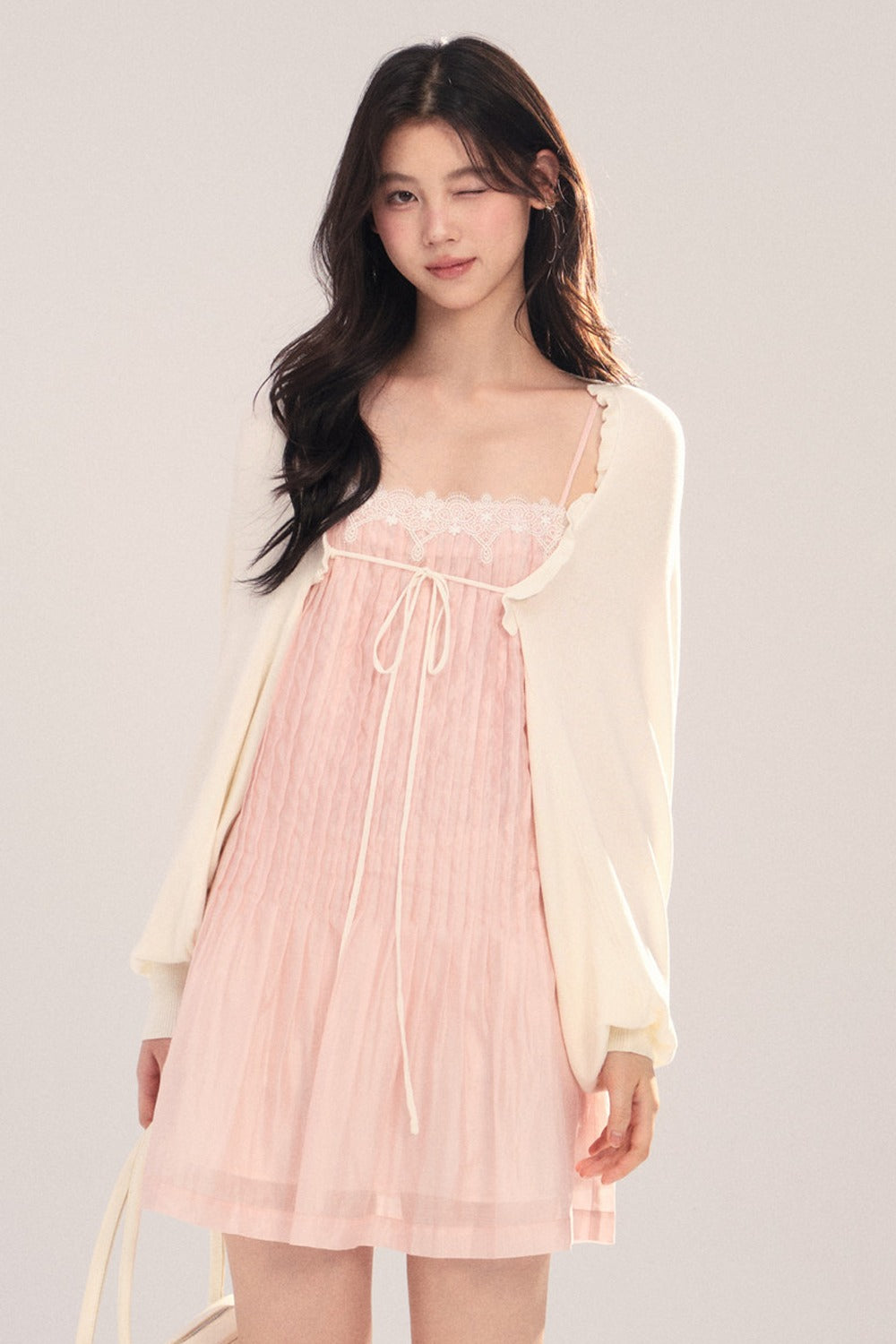 Suspender Dress with Lantern Sleeve Shawl Cardigan Set-Up