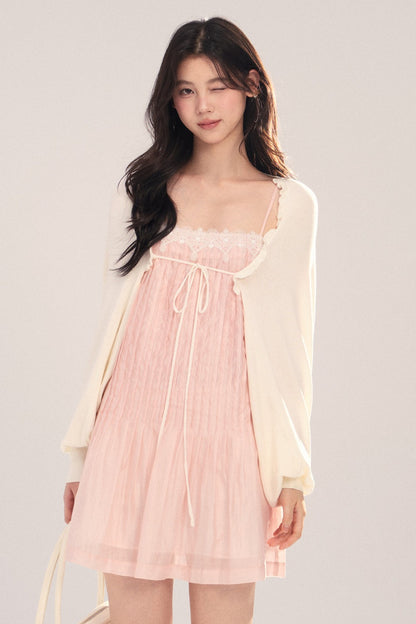 Suspender Dress with Lantern Sleeve Shawl Cardigan Set-Up