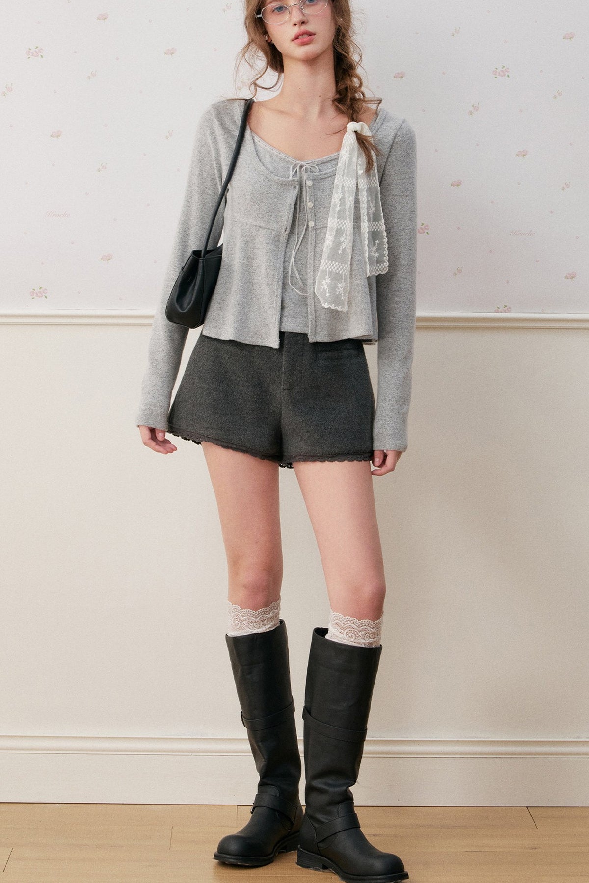 Lace-Up V-Neck Cardigan and Ruffle Hem Vest Set