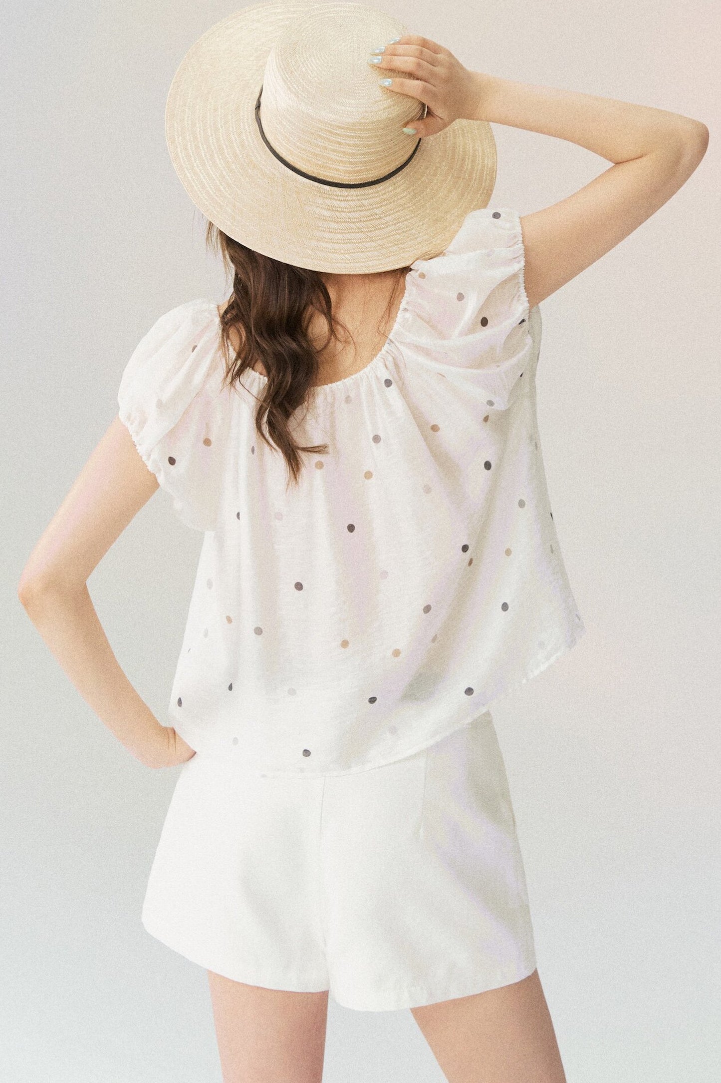 Polka Dot Puff Sleeve Drawstring Top