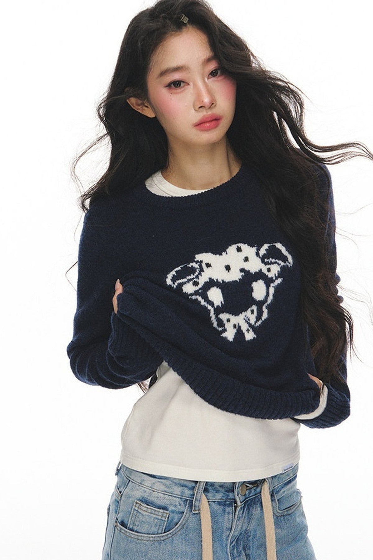 Navy Wool Jacquard Top and Pants Set-Up