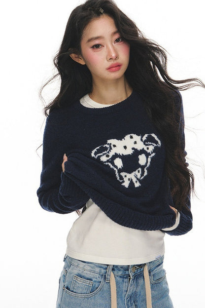 Navy Wool Jacquard Top and Pants Set-Up