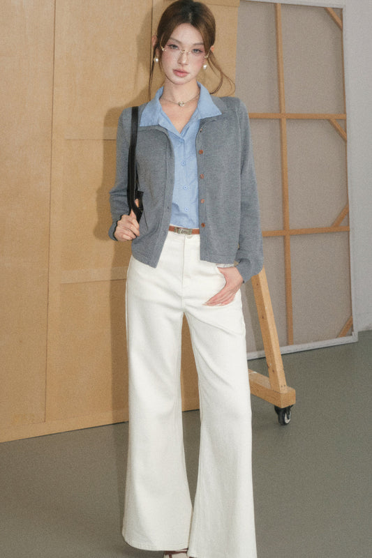 Grey Wool Cardigan and White Trousers Set-Up
