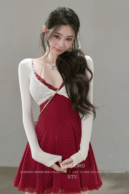 Lace Patchwork Polka Dot Print Dress