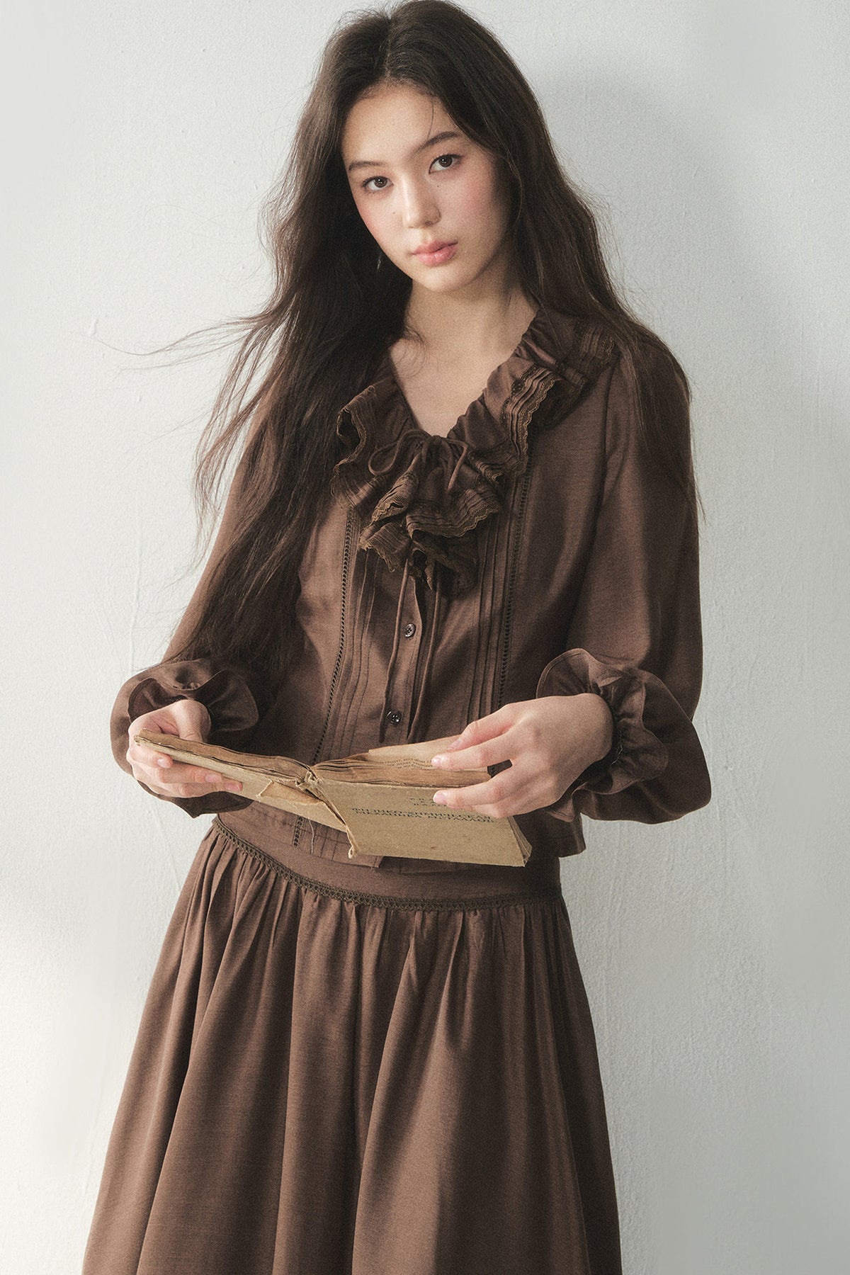 Ruffled Lyocell Shirt and Skirt Set-Up