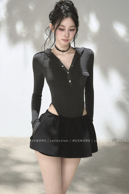 Brushed Ribbed Hooded Cutout Top