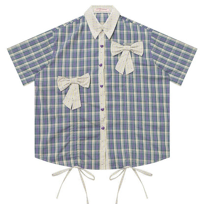 Purple Green Plaid Bow Drawstring Shirt