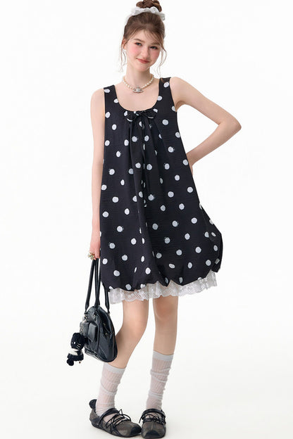 Black Polka Dot Sleeveless Lace Hem Dress