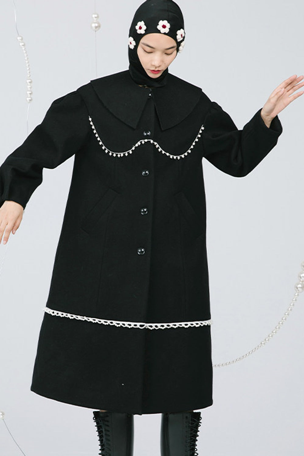 Black Pearl Lace Wool Coat