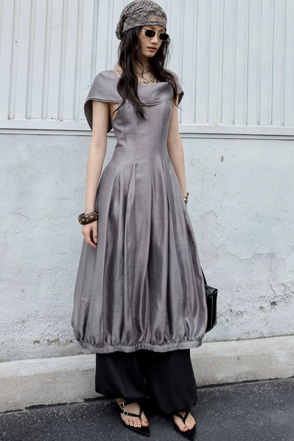 Glossy Gray Bubble Collar Dress