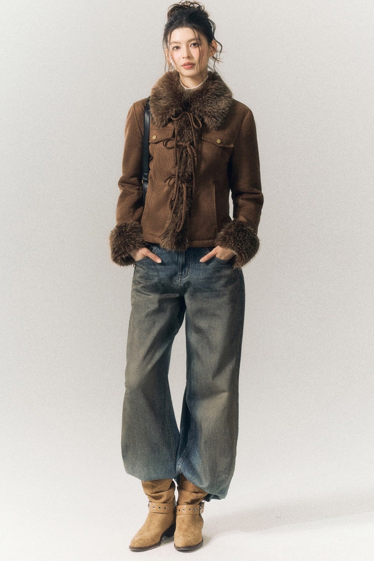 Suede Fur Collar Lace-Up Jacket