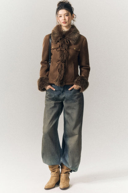 Suede Fur Collar Lace-Up Jacket