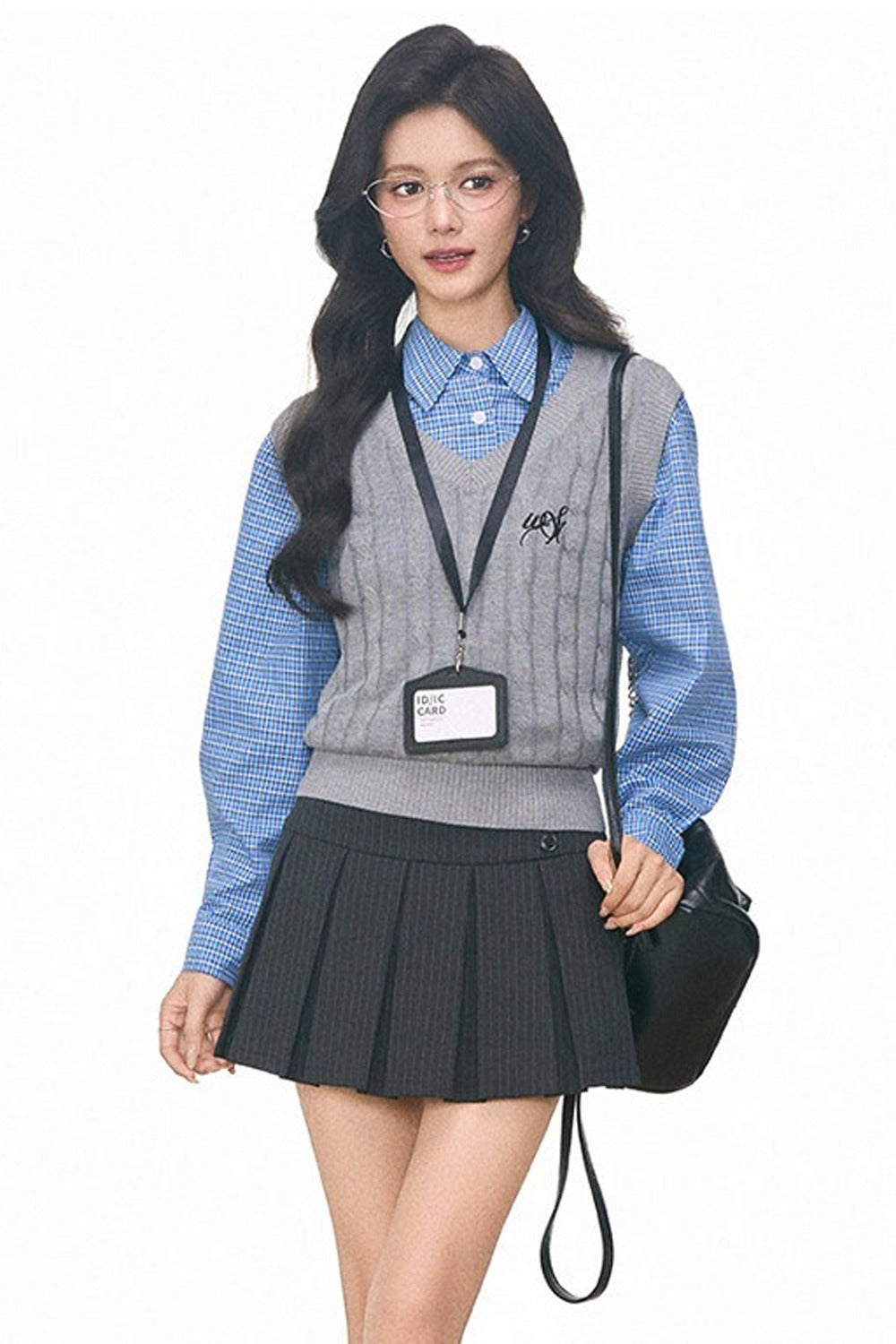 Plaid Shirt Cable Vest and Skirt 4-Piece Set-Up