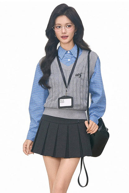 Plaid Shirt Cable Vest and Skirt 4-Piece Set-Up