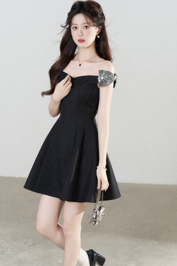 Black Off-Shoulder Cinched Waist Dress