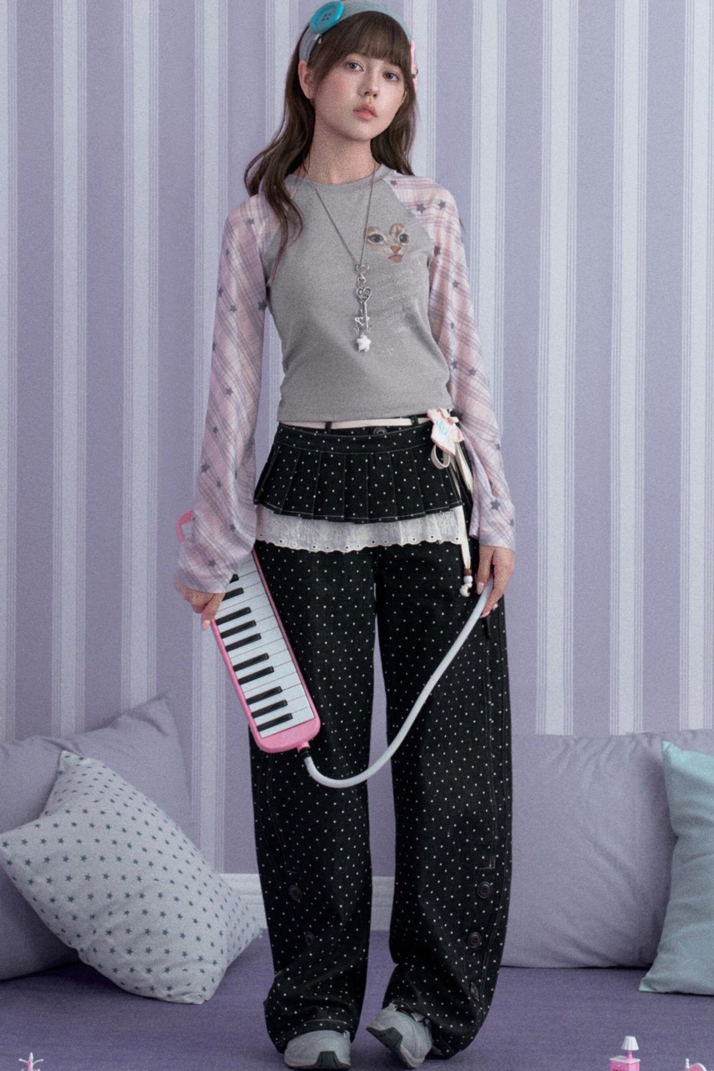 Gray Pink Cat Print Raglan T-shirt