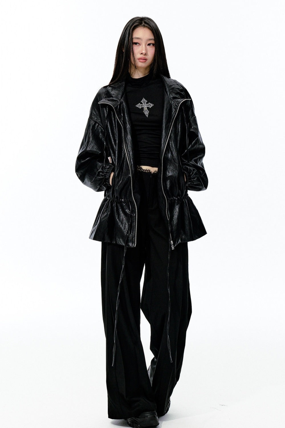Textured Silhouette Drawstring Tie Waist Jacket