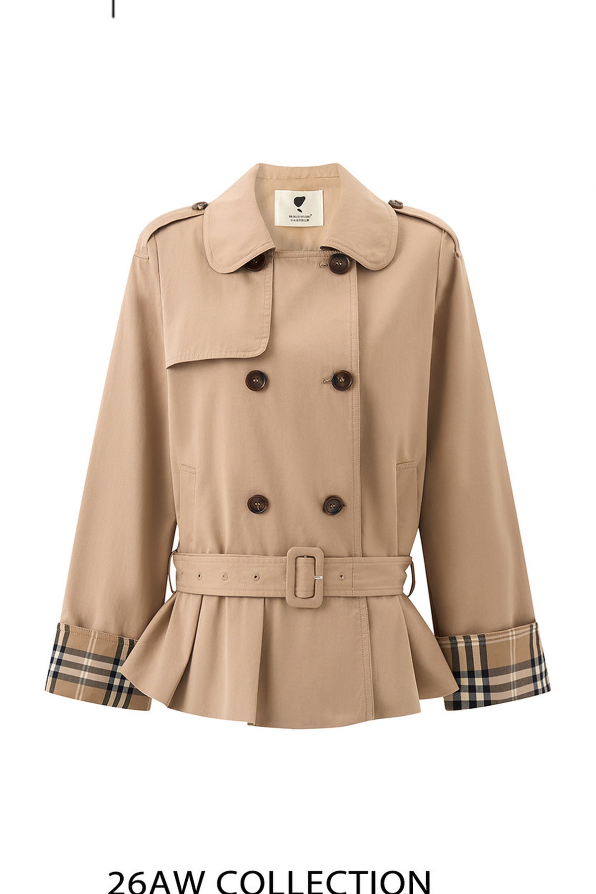 Zweireihiges kariertes Trenchcoat-und-Rock-Set