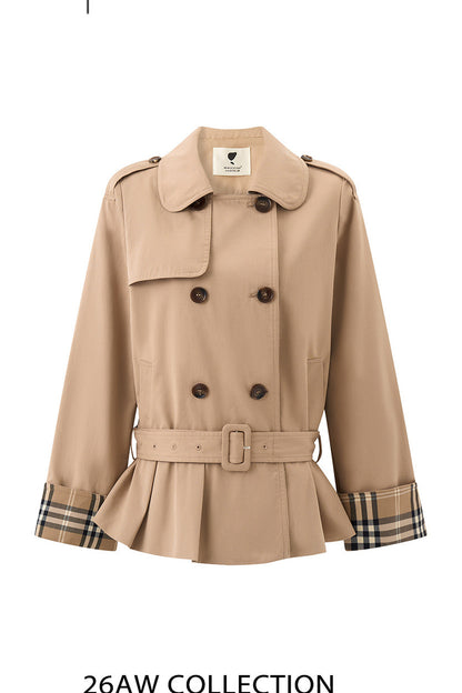 Zweireihiges kariertes Trenchcoat-und-Rock-Set