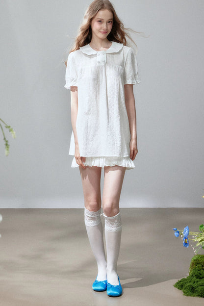 Short Sleeve Hollow Out Doll Collar Top and Skirt Set-Up